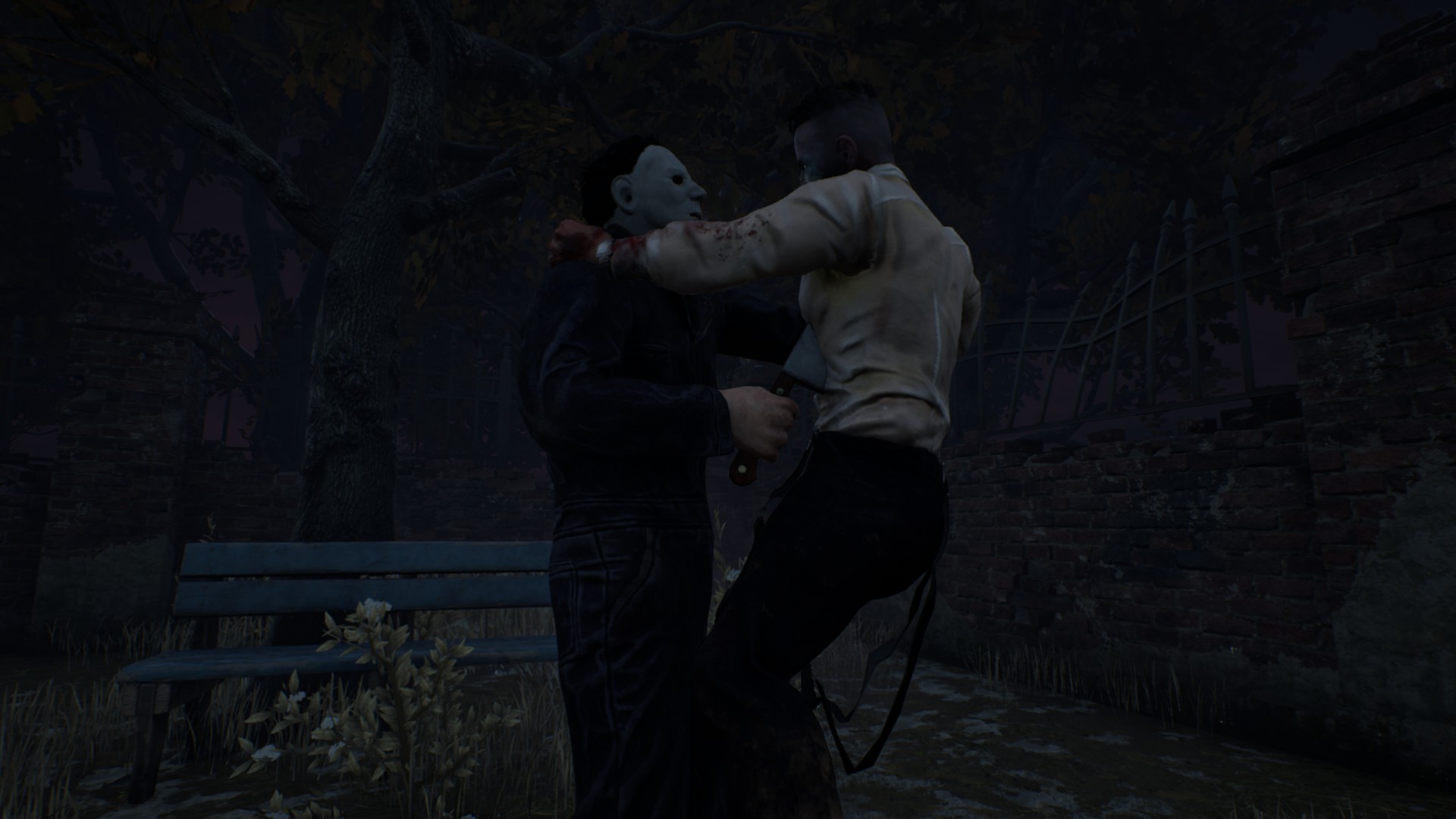 A screenshot of David King getting moried by Michael Myers